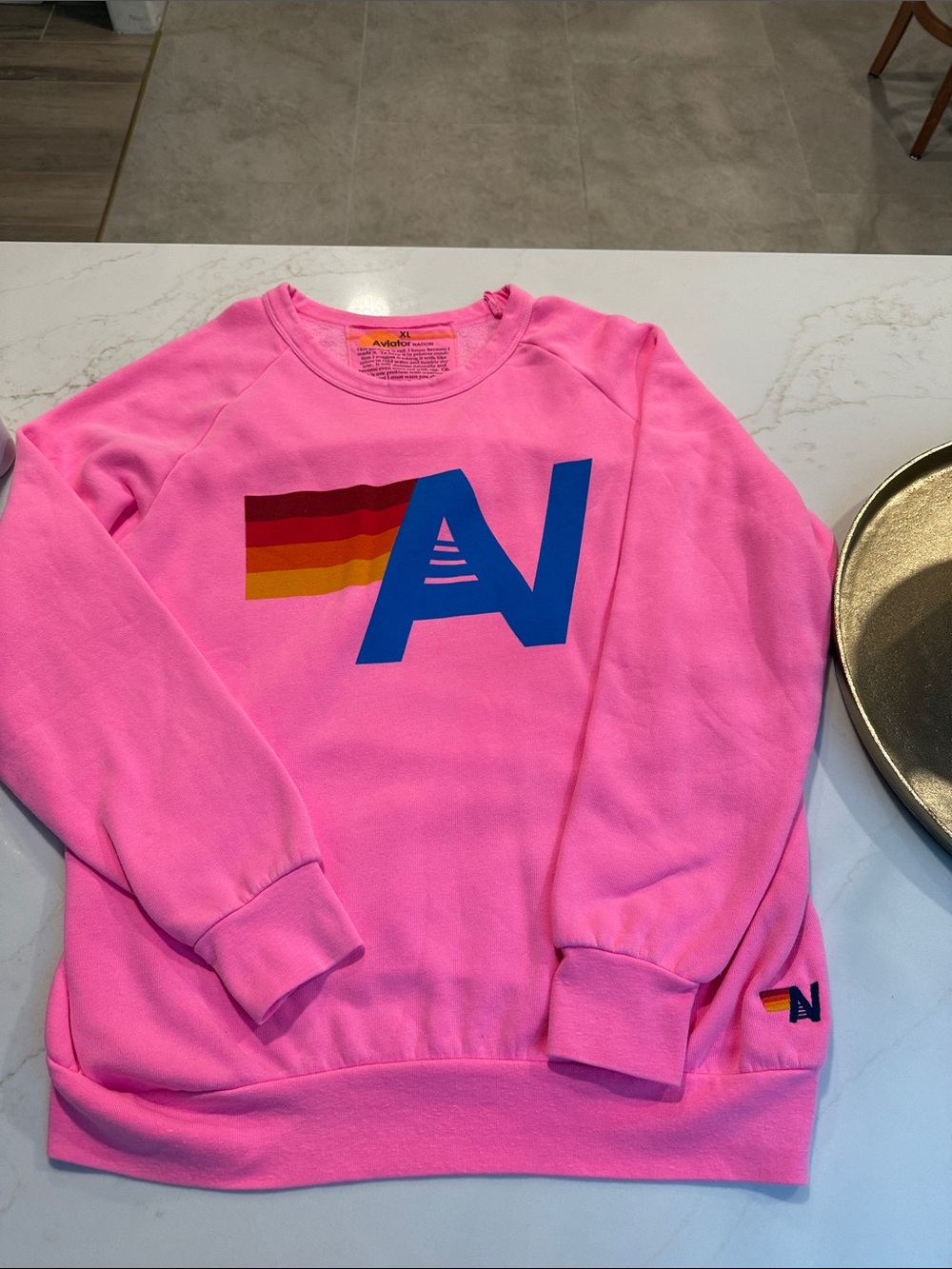 Aviator Nation Hot Pink Crewneck with Blue Logo and Rainbow Stripe